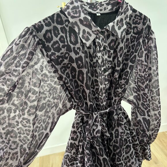 Leopard Print Chiffon Dress, Long Sleeve, Belted Waist - Picture 3 of 3